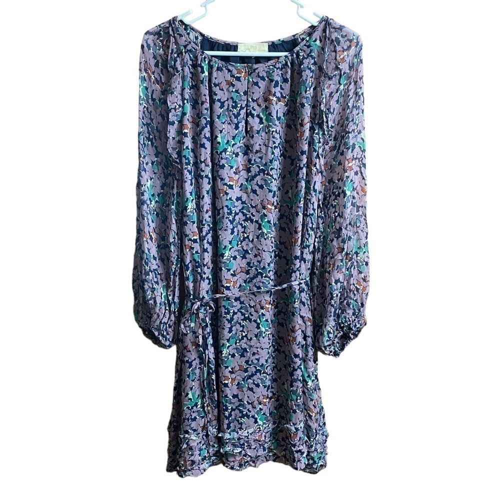 Cotton Chicks Purple Blue Floral Long Sleeve Dress with Belt Size Large